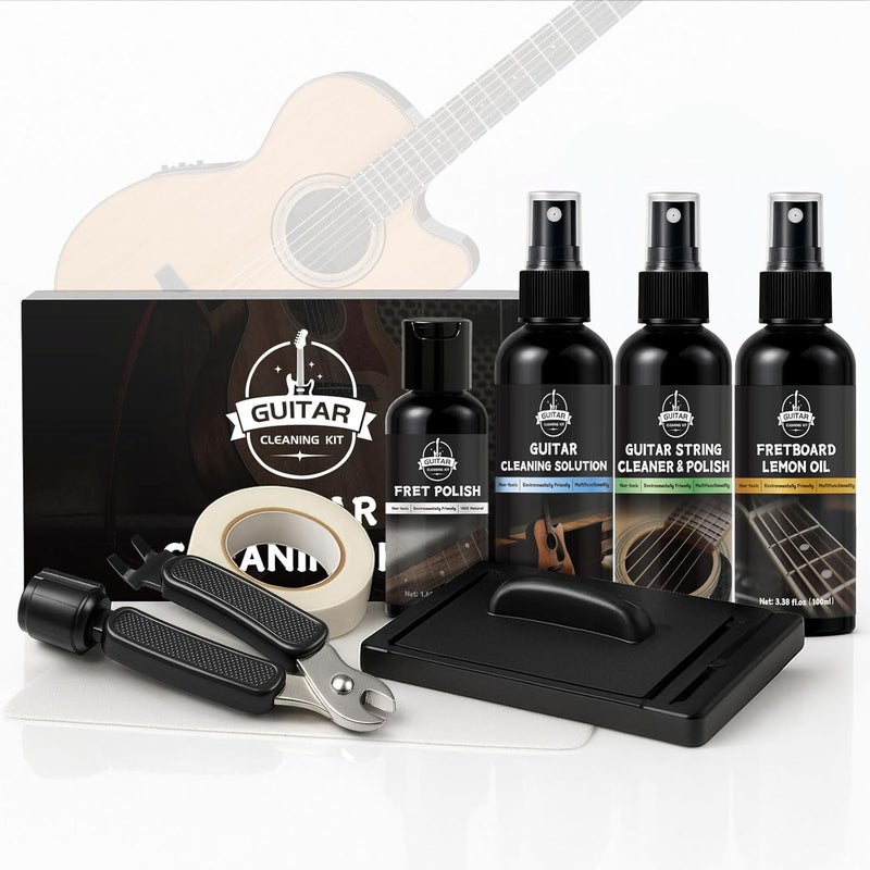 WAN2TLK 8Pcs Guitar Cleaning Kit, Guitar Maintenance Kit Includes Fret Polish, Cleaning Solution, Fretboard Lemon Oil, String Cleaning & Polish, String Cleaner, String Tuner, Masking Tape, 2 Cloth - Image 1